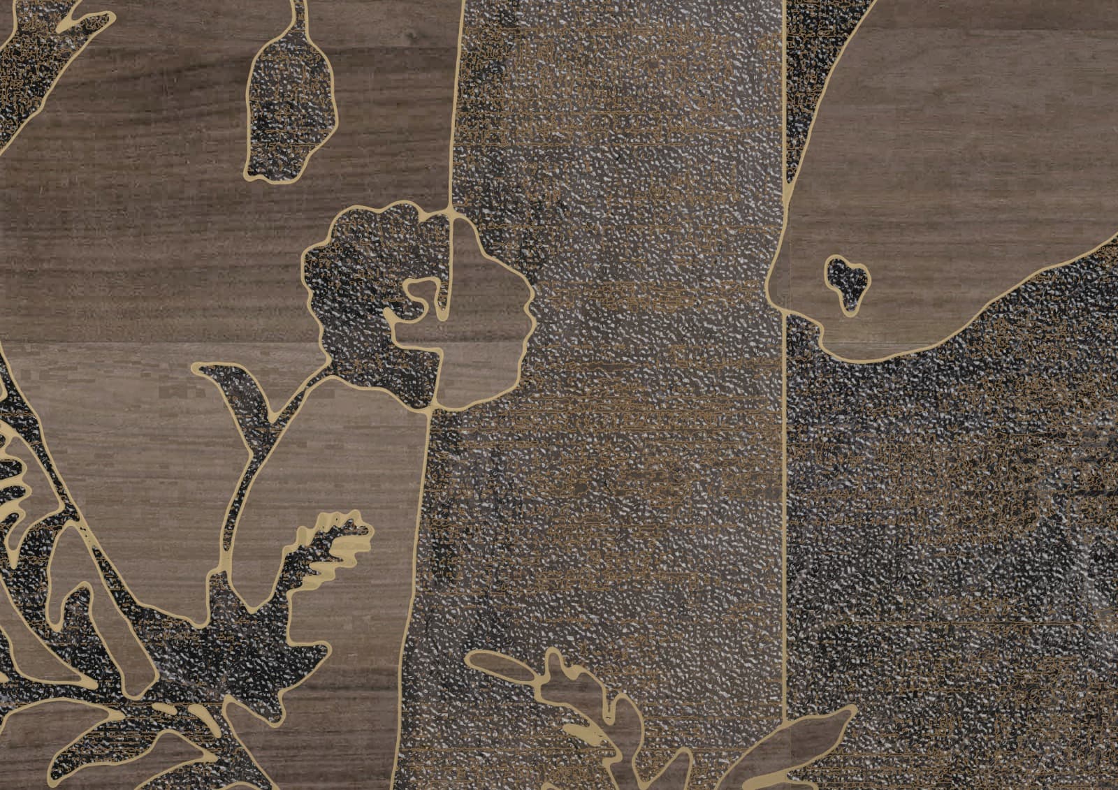 Detail of a panel combining different textures. A dark, stylized floral pattern with gold outlines is superimposed on a background that alternates a dark wood-like finish and a grainy, shimmering bronze surface.