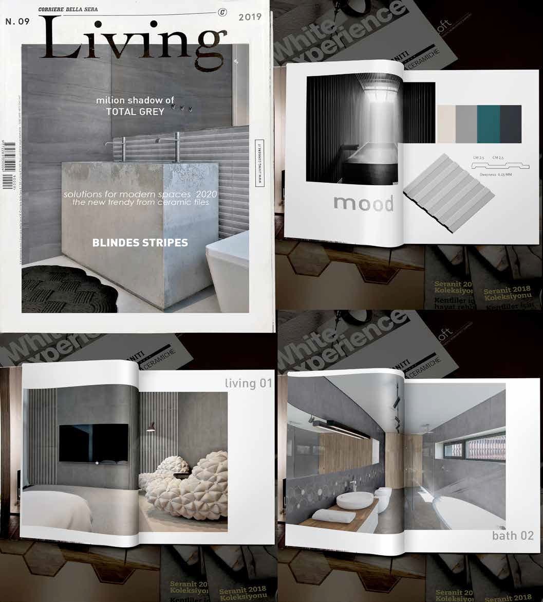 Questa immagine è un collage che mostra quattro diverse scene. In alto a sinistra, c'è la copertina di una rivista intitolata "Living", che presenta un bagno minimalista in cemento con il titolo "TOTAL GREY". In alto a destra, c'è un'apertura di rivista con la parola "mood" e un'illustrazione di un design di illuminazione a soffitto, insieme a una palette di colori e un campione di materiale. In basso a sinistra, un'altra pagina di rivista mostra una camera da letto con un grande letto in tessuto e uno schermo TV a parete. In basso a destra, un'ultima pagina di rivista presenta la visualizzazione di un bagno con un lavandino moderno e una doccia a pavimento.