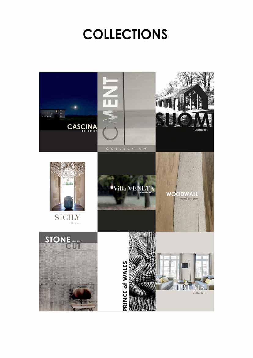 Una pagina che presenta nove immagini che agiscono da copertine per diverse collezioni di design. I titoli visibili includono: CASCINA, CEMENT, SUOMI, SICILY, Villa VENETA, WOODWALL, STONE CUT, PRINCE of WALES e PALAIS. Ogni immagine ha uno stile e un tema distinti, come paesaggi notturni, architetture, interni e texture.
