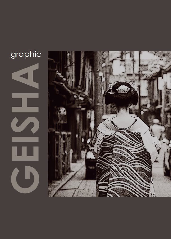 Un'immagine scattata da dietro una geisha che cammina in una strada stretta, con l'architettura tradizionale giapponese visibile sui lati. La geisha indossa un kimono a righe orizzontali e ha una tradizionale acconciatura. L'immagine è in bianco e nero ed è incorniciata da uno sfondo marrone scuro. La parola "GEISHA" è scritta verticalmente a sinistra, con la parola "graphic" in piccolo sopra.