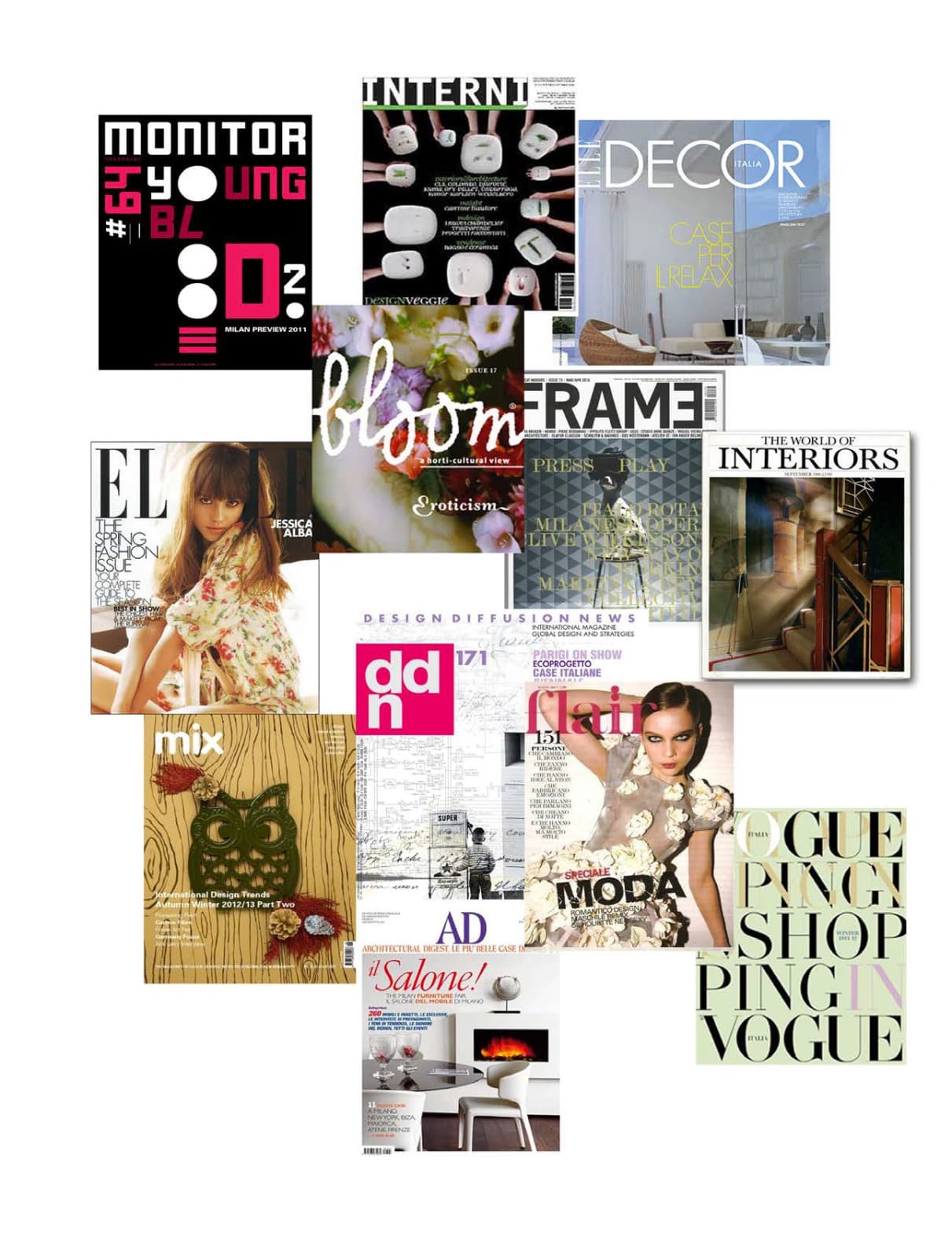 A collage of design and fashion magazine covers. Visible magazines include "MONITOR YOUNG", "INTERNI", "DECOR", "bloom", "FRAME", "THE WORLD OF INTERIORS", "EL", "ddn", "AD", "MIX", "MODA", and "VOGUE". The covers showcase a variety of styles, from interior design, architecture, and graphics to images of models and fabrics.