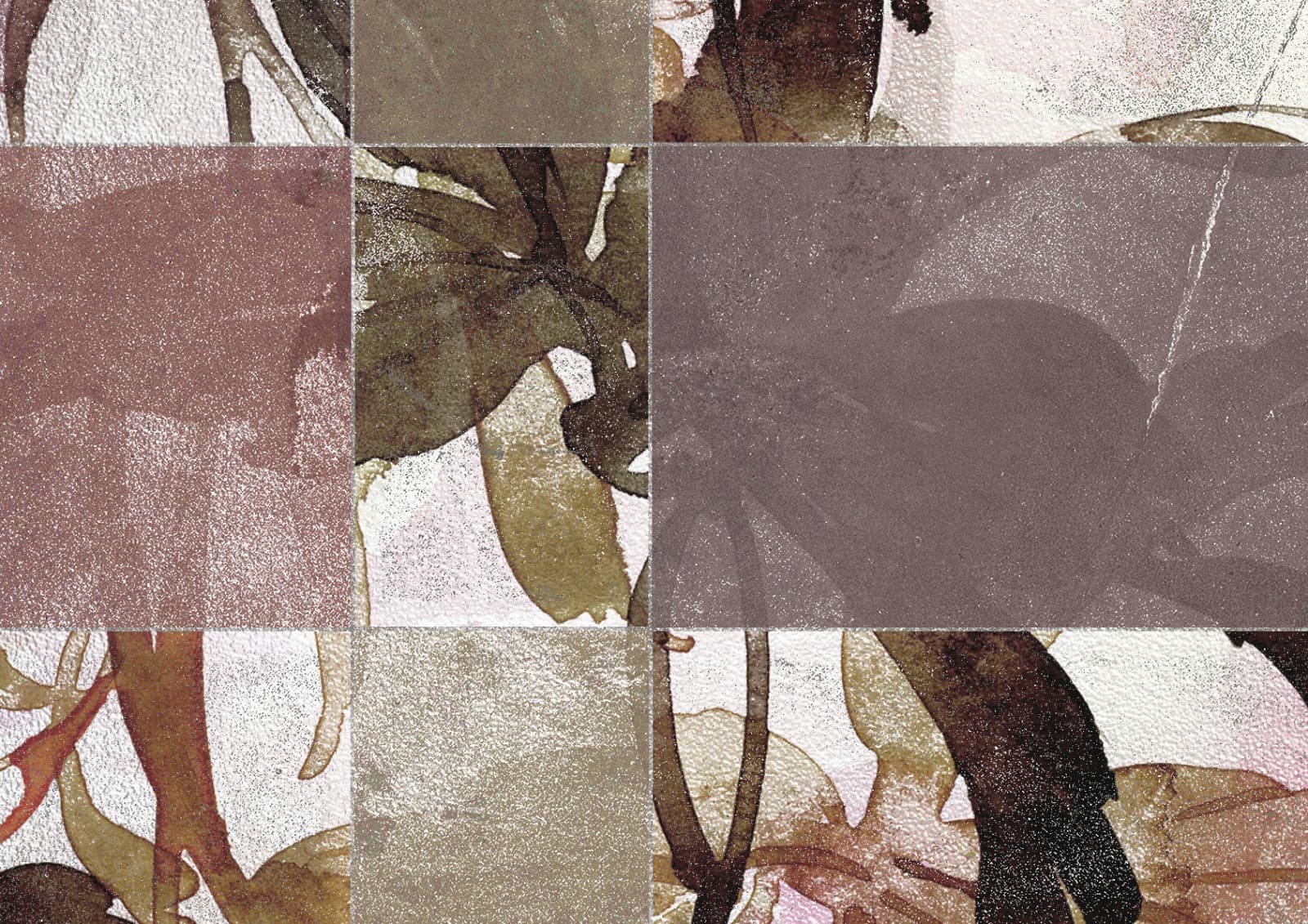 A close-up of a collage of square tiles arranged in a grid. The tiles feature a combination of grainy, glossy textures and abstract floral patterns in shades of brown, pink, gray, and white.